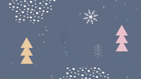 Digitale-Animation-Von-Schnee,-Der-über-Weihnachtsbaumsymbole-Und-Abstrakte-Formen-Auf-Grauem-Hintergrund-Fällt