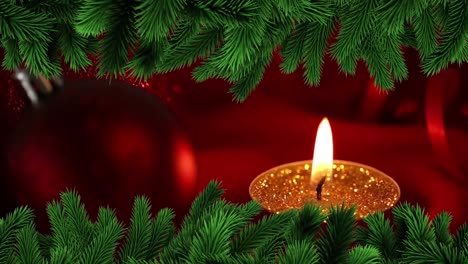 Animation-of-fir-trees-branches-over-candles-on-red-background