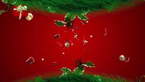 Animation-of-gifts-falling-over-fir-trees-branches-on-red-background