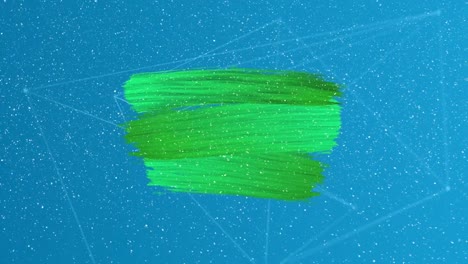 Snow-falling-over-green-paint-brush-strokes-against-network-of-connections-on-blue-background