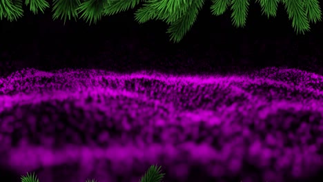 Christmas-tree-branches-over-purple-digital-wave-against-black-background