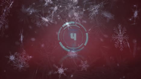 Multiple-snowflakes-icons-falling-over-countdown-on-round-scanner-against-grey-background