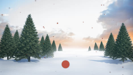 Animation-Von-Roten-Flecken,-Die-über-Die-Winterlandschaft-Fallen