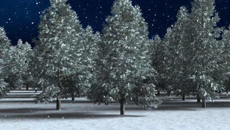Schnee-Fällt-über-Mehrere-Bäume-In-Der-Winterlandschaft-Vor-Blauem-Hintergrund