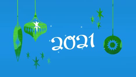 Animation-of-2021-text-over-christmas-decorations-on-blue-background