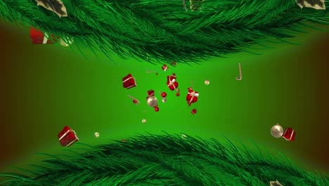 Animation-of-gifts-falling-over-fir-trees-branches-on-green-background