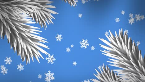 Weiße-Weihnachtsbaumzweige-Und-Schneeflockensymbole,-Die-Vor-Blauem-Hintergrund-Fallen