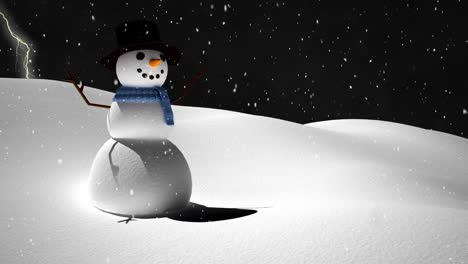 Lightning-and-snow-falling-over-snowman-on-winter-landscape-against-black-background