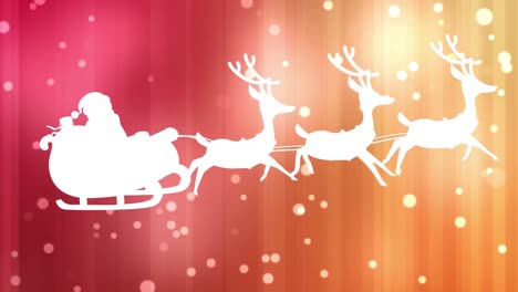 Santa-claus-in-sleigh-being-pulled-by-reindeers-against-white-spots-floating-on-gradient-background