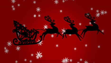 Christmas-tree-in-sleigh-being-pulled-by-reindeers-against-red-background