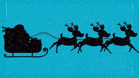 Snow-falling-over-silhouette-of-santa-claus-in-sleigh-being-pulled-by-reindeers-on-green-background