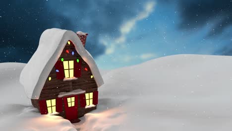 Snow-falling-over-house-icon-on-winter-landscape-against-clouds-in-the-sky