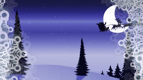 Schneeflocken-Bilden-Einen-Rahmen-Vor-Dem-Weihnachtsmann-Im-Schlitten,-Der-Von-Rentieren-Am-Nachthimmel-Gezogen-Wird