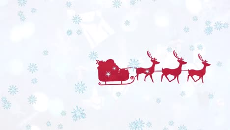 Animation-of-snow-falling-over-santa-claus-in-sleigh-with-reindeer-on-white-background