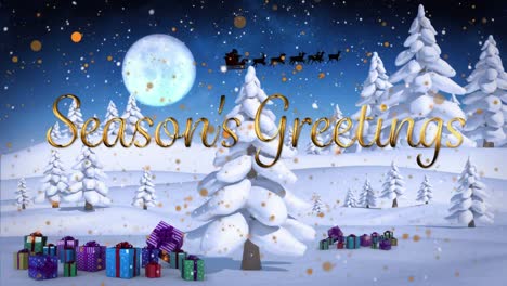 Seasons-greetings-text-and-yellow-spots-floating-against-christmas-gifts-on-winter-landscape