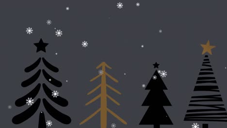 Animation-of-snow-falling-over-christmas-trees-on-black-background