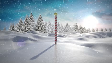 Animation-of-snow-falling-over-winter-scenery-with-north-pole-sign