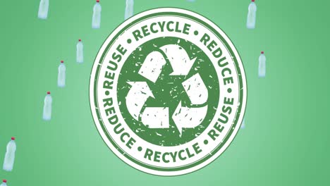 Animation-of-recycling-text-and-logo-and-plastic-bottles-on-green-background