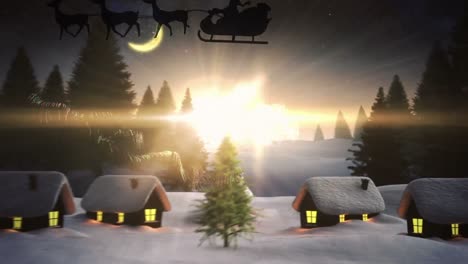 Animación-De-Santa-Claus-En-Trineo-Con-Renos,-Nieve-Cayendo,-Paisaje-Invernal-Y-Luna