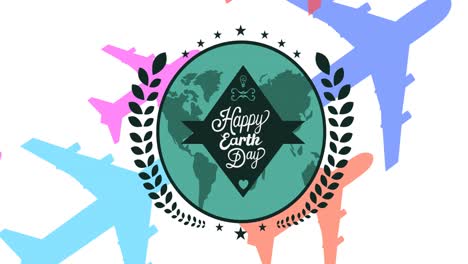 Animation-Von-„Happy-Earth-Day“-Text-Und-Globus-Logo-über-Bunten-Flugzeugen-Auf-Weißem-Hintergrund