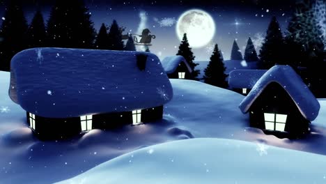Animación-De-Santa-Claus-En-Trineo-Con-Renos,-Nieve-Cayendo,-Paisaje-Invernal-Y-Luna