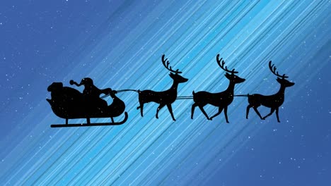 Animation-of-santa-claus-in-sleigh-with-reindeer-over-blue-background