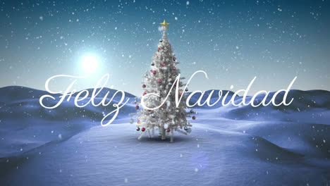 Feliz-Navidad-Text-Gegen-Schnee,-Der-über-Den-Weihnachtsbaum-In-Der-Winterlandschaft-Fällt