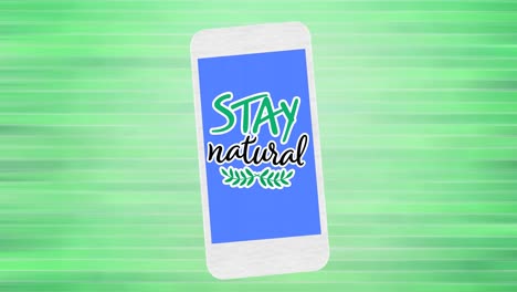 Animation-of-stay-natural-text-and-leaf-logo-on-blue-smartphone-screen,-on-green-background
