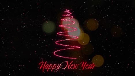 Animation-of-snow-falling-over-happy-new-year-text-and-christmas-tree-formed-with-shooting-star