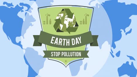 Animation-of-earth-day-text-and-green-globe-logo-over-blue-world-map