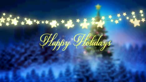 Felices-Fiestas-Texto-Y-Adornos-De-Luces-Brillantes-En-Forma-De-Estrella-Colgando-Contra-El-árbol-De-Navidad