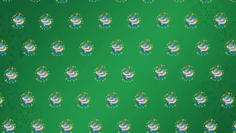 Animation-of-multiple-falling-arms-hugging-globes-on-dark-green-background