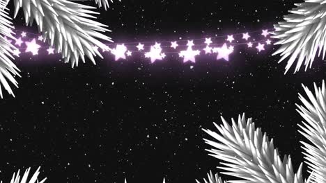 Animation-of-fairy-lights,-fir-tree-decoration,-snow-falling-over-black-background