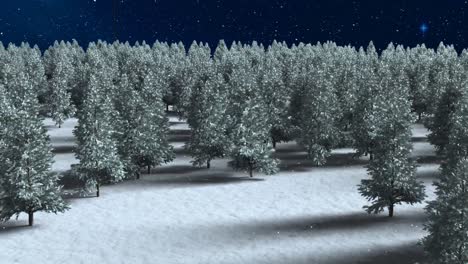 Animation-of-fir-trees,-snow-falling-over-winter-landscape