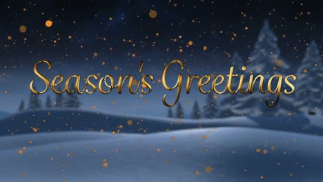Seasons-greetings-text-over-yellow-spots-and-shooting-star-spinning-against-winter-landscape