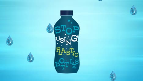 Animation-Des-Textes-„Stoppt-Die-Verwendung-Von-Plastik“-Auf-Der-Flasche,-Mit-Fallenden-Tröpfchen-Auf-Blauem-Hintergrund