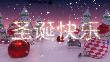 Snow-falling-andmerry-christmas-text-in-chinese-over-baubles-and-christmas-trees-on-winter-landscape