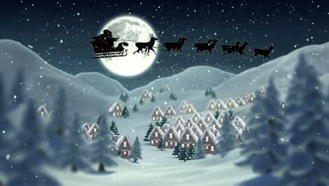 Snowflakes-falling-on-santa-claus-in-sleigh-being-pulled-by-reindeers-over-winter-landscape