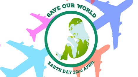 Animation-of-earth-day-text-and-globe-baby-logo-over-colorful-airplanes-on-white-background