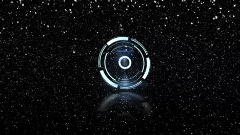 Neon-blue-round-scanner-spinning-over-snow-falling-against-black-background