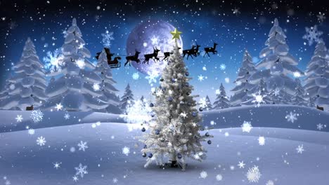 Snowflakes-falling-over-christmas-tree-on-winter-landscape-against-moon-in-the-night-sky
