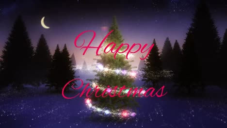 Happy-christmas-text-over-christmas-tree-and-winter-scenery