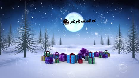 Weihnachtskonzept-Symbole-Und-Schnee,-Der-über-Weihnachtsgeschenke-In-Der-Winterlandschaft-Vor-Dem-Nachthimmel-Fällt