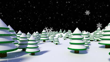 Animation-of-snow-falling-over-fir-trees-in-winter-landscape