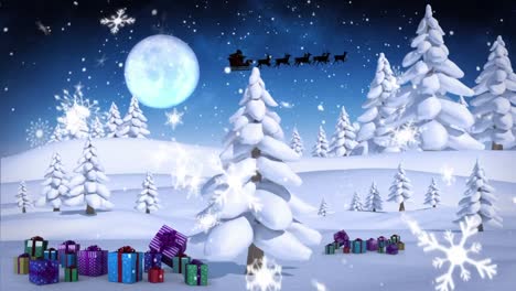 Schneeflocken-Fallen-über-Mehrere-Bäume-Und-Weihnachtsgeschenke-In-Der-Winterlandschaft-Vor-Dem-Nachthimmel