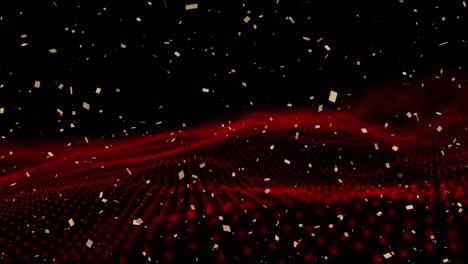 Animation-of-gold-confetti-falling-over-red-moving-wave