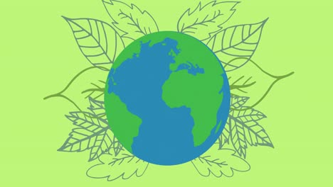 Animation-Von-Globus-Und-Blättern-Auf-Grünem-Hintergrund