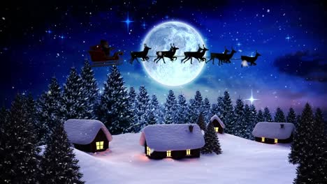 Animation-of-santa-claus-in-sleigh-with-reindeer,-snow-falling,-winter-landscape-and-moon