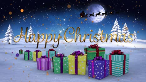 Texto-De-Feliz-Navidad-Y-Manchas-Amarillas-Flotando-Sobre-Regalos-De-Navidad-En-El-Paisaje-Invernal
