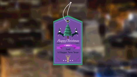 Happy-christmas-and-new-year-purple-text-banner-against-aerial-view-of-night-cityscape